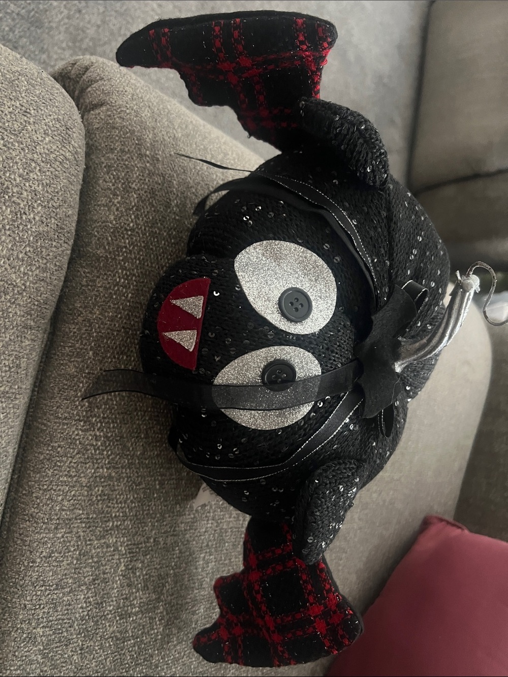 Halloween Black Sequin Bat Holiday Décor with Red Plaid Wings
